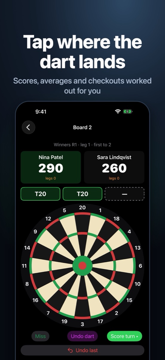 DartsArena scoring screen with a tappable dartboard